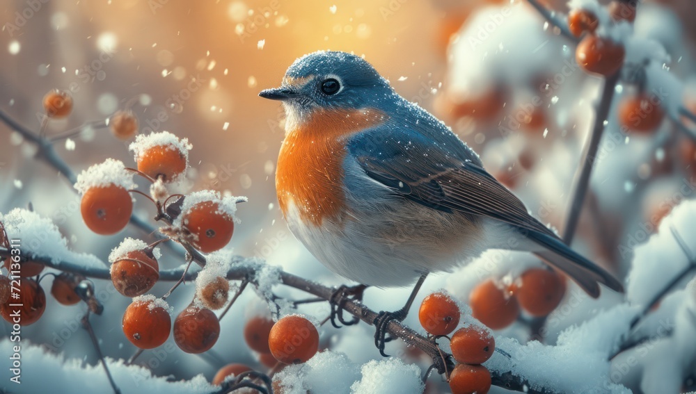birds in the snow, in the style of nature-inspired imagery, festive atmosphere