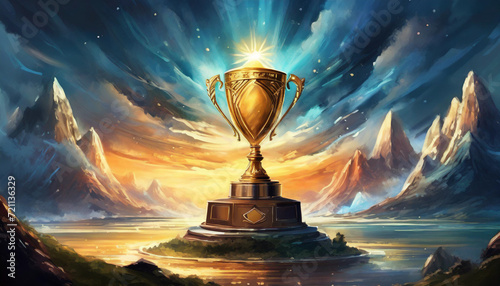 Illustration with award cup for first place winner, gold medal cup. 4K illustration