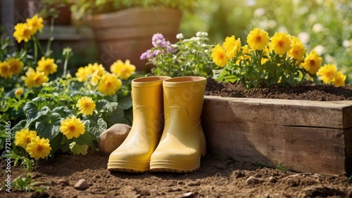 Gardening background with flowerpots, yellow boots in sunny spring or summer garden.  Generative, AI.