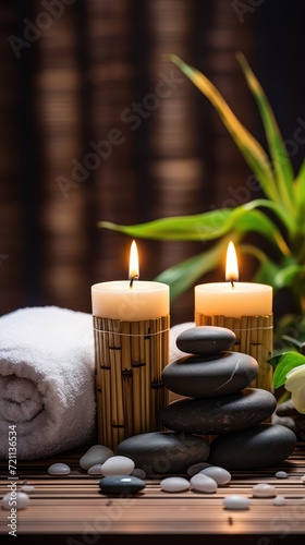 A Spa and health care services Decorated with candles, spa stones and salt on a wooden background. White towels with bamboo sticks and candles for relaxing spa massages and body treatments.