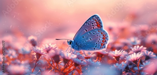 blue butterfly on daisies under a cloudy morning in spring © STOCKYE STUDIO