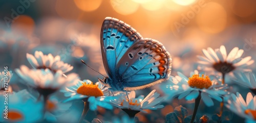 blue butterfly on daisies under a cloudy morning in spring