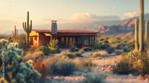 Desert bungalow with cactus landscaping, arid, Southwest, DSLR camera, tilt-shift lens, midday, warm photo
