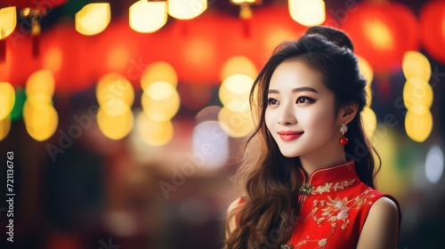A Beautiful Asian woman wearing Chinese national costume (cheongsam) smiles on Chinese New Year in a Chinese community, bokeh blurred background. City lights are out of focus. Background image,