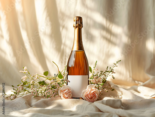 Wine bottle with blank golden label and beautiful flowers on silk cloth luxury background