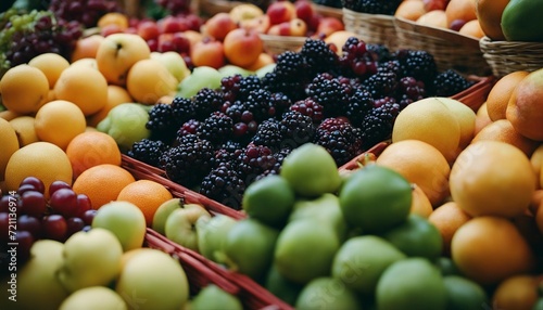 fresh raw fruits at bazaar - chestnuts, pomegranate, plums, etc; selections of colors and textures 