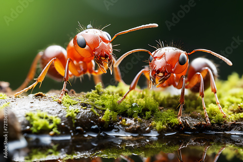 Red ants are looking for food on green moss floor. Work ants are walking on the moss to protect the nest in forest. Close-up photography with macro lens. Realistic ant clipart template pattern. 
