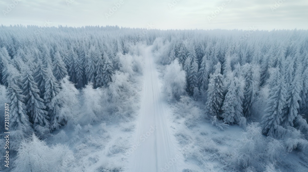 A drone's bird's eye view captures an empty forest road and snow-covered trees amidst the beauty of winter.