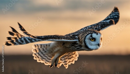short eared owl portrait while flying on blue sky
 photo