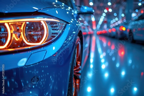 car sales in showroom with a close up eyeshot, in the style of light silver and indigo