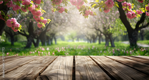 A beautiful spring background with an empty wooden table set in the outdoor nature, surrounded by blooming trees. photo