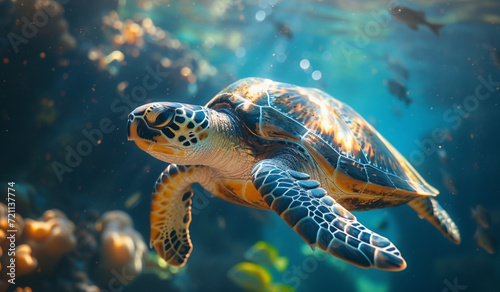 A turtle swims in the sea with lots of fish. Generative AI