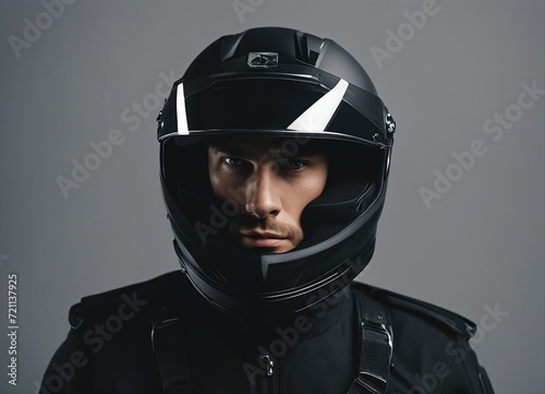 portrait of a person in a black color motorcycle helmet, isolated grey background   © abu