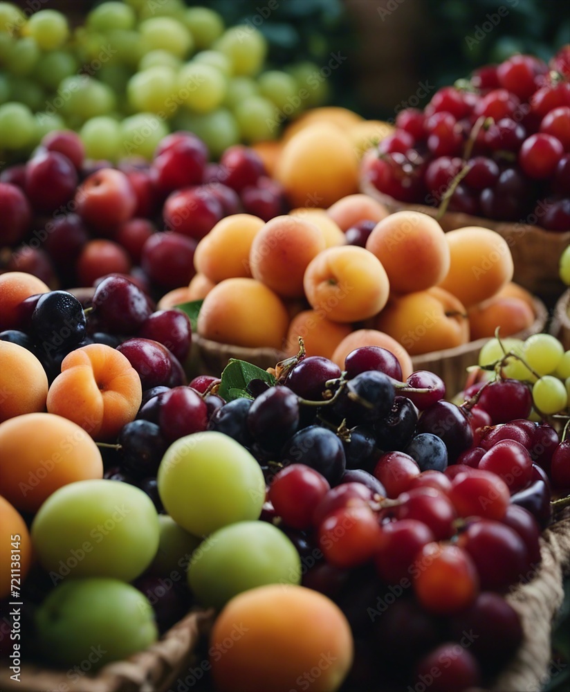 fresh raw fruits at bazaar - chestnuts, pomegranate, plums, etc; selections of colors and textures
