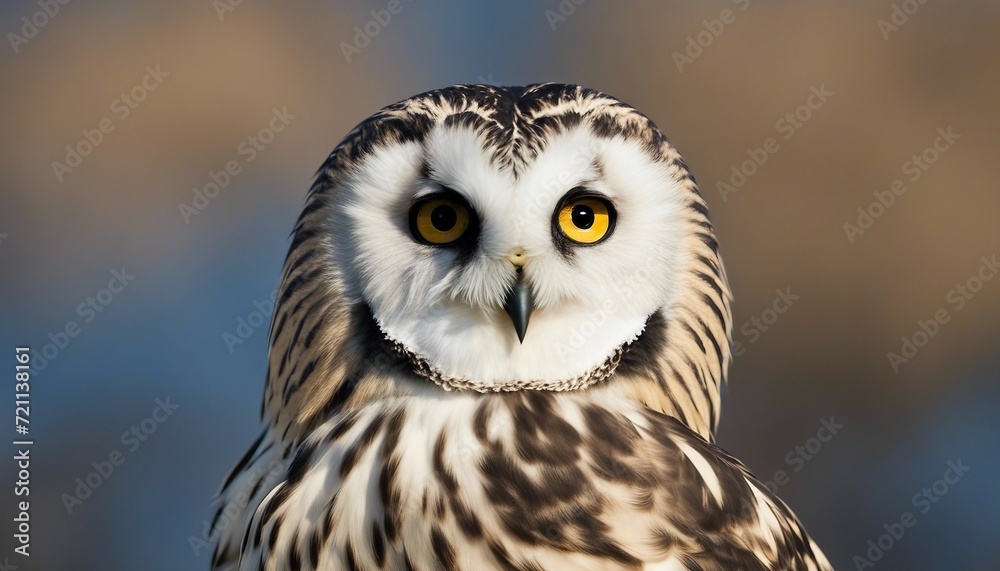 Obraz premium short eared owl portrait while flying on blue sky 