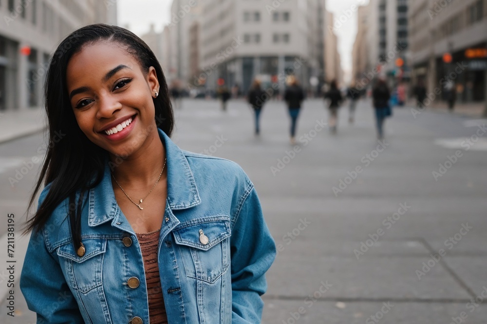 Fototapeta premium Young hipster black woman in a stylish denim jacket walking in the street, smiling and looking at the camera.