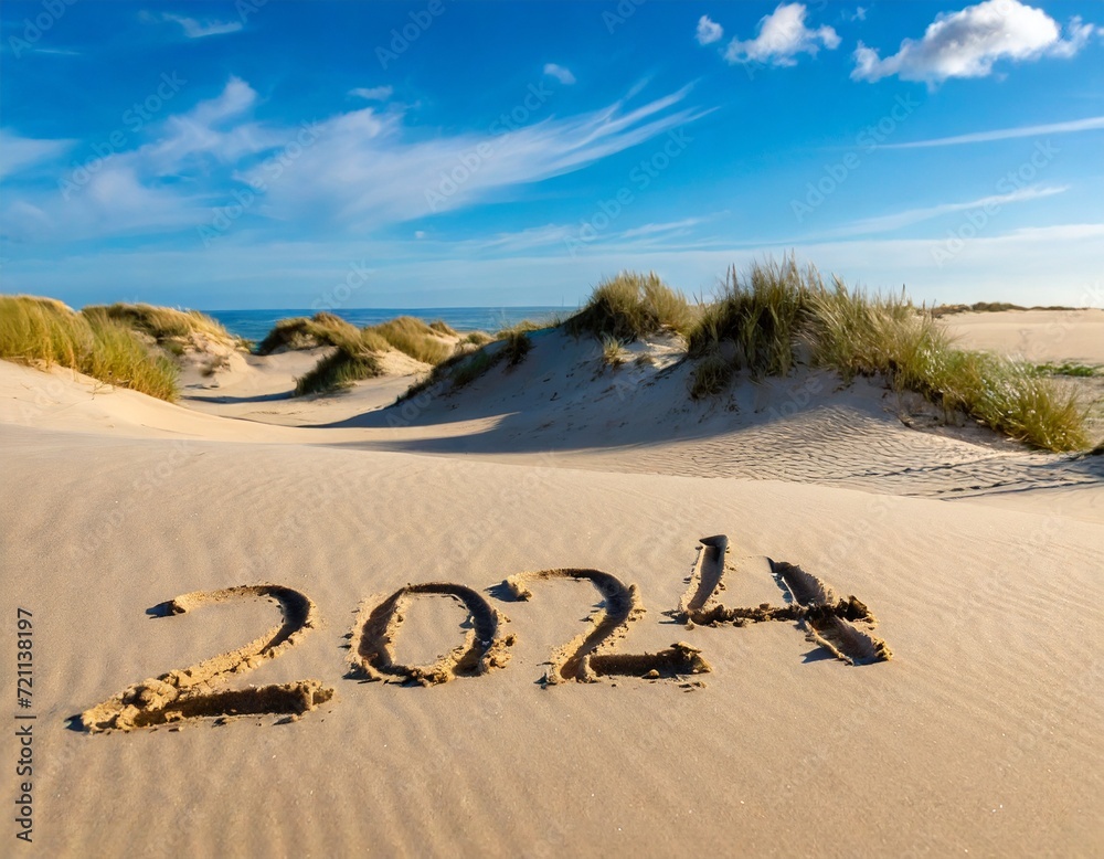 2024 in den Sand am Strand geschrieben mit Dünen im Hintergrund StockFoto Adobe Stock