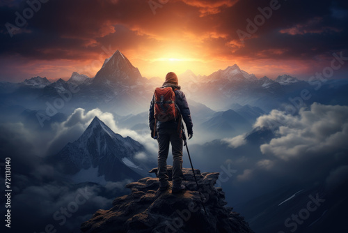 A hiker reaching the peak of a mountain at sunrise, symbolizing achievement and nature's majesty. Concept of adventure and personal challenge. Generative Ai. © Sebastian