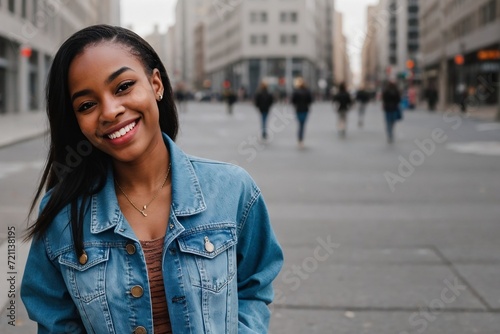 Young hipster black woman in a stylish denim jacket walking in the street, smiling and looking at the camera. © PNG&Background Image