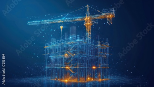 construction personnel with an illustration of two workers and a crane on blue background