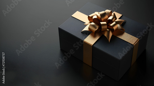 Black gift box with golden ribbon isolated on Black Background. 3d illustration of black gift box with gold ribbon. Generative AI