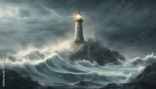 a lighthouse on a rocky ground that shines among the big waves in rainy, lightning and foggy weather   © abu