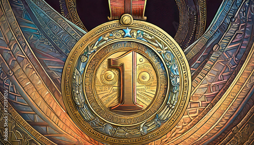 Illustration with award medal for first place winner, gold medal. 4K illustration photo