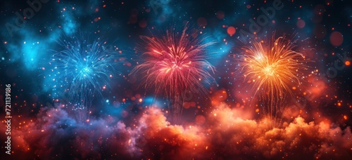 fireworks with sparkling lights over a dark background with red  blue and white stars