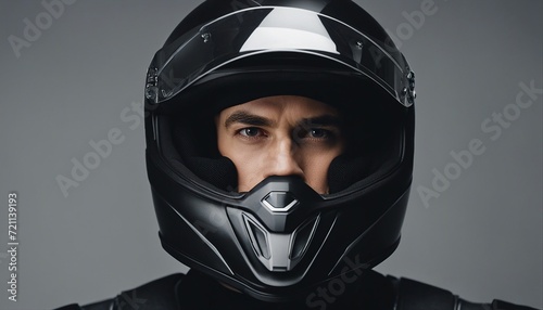 portrait of a man in a black coloured motorcycle helmet, isolated grey background 