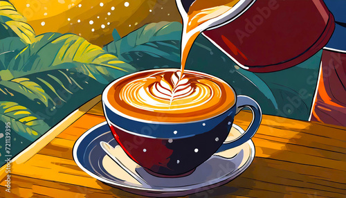 a man person making latte art in a cup of coffee
