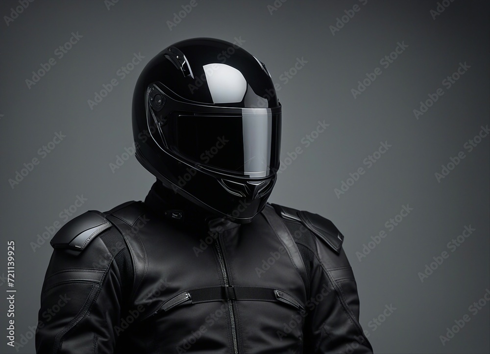 portrait of a man in a black coloured motorcycle helmet, isolated grey background
