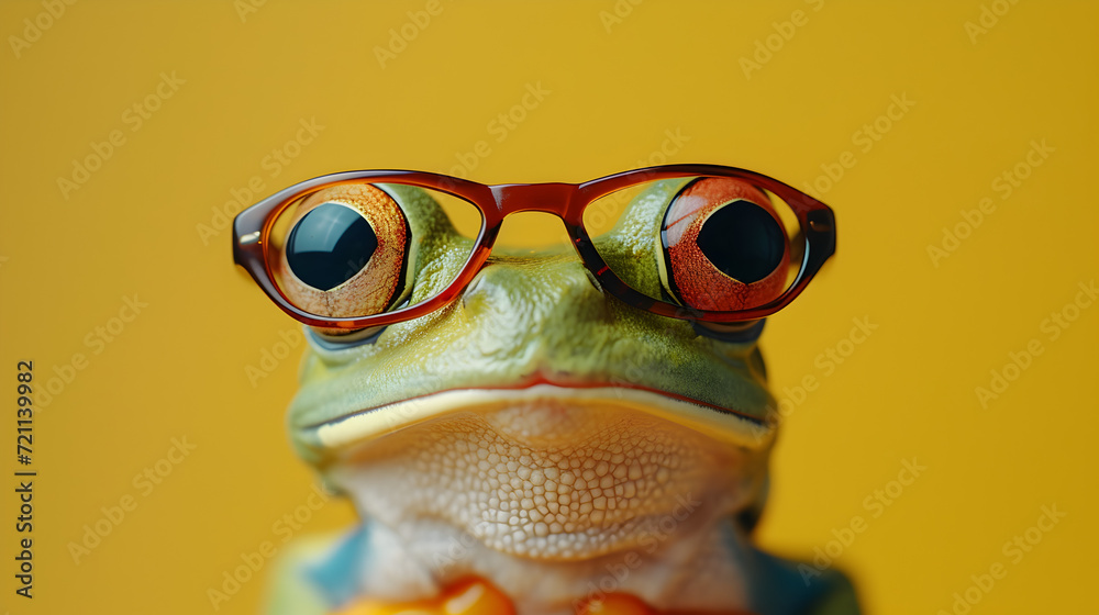 Funny Frog Wearing Glasses on a Yellow Background Funny Frog Wearing Glasses on a Yellow Background