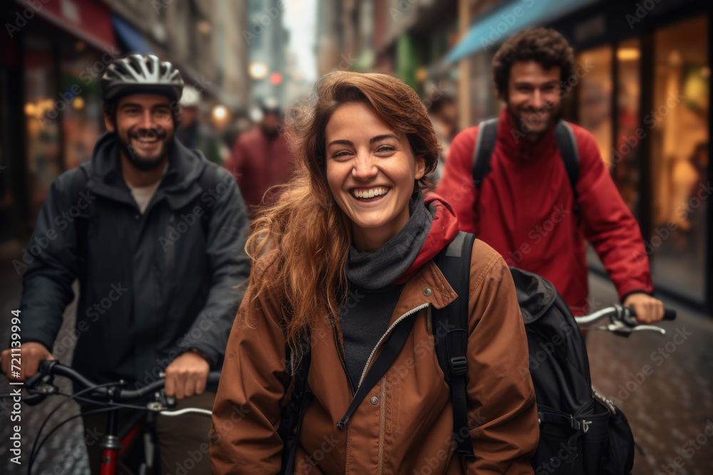 A group of friends exploring a city on bicycles, highlighting urban adventure and friendship. Generative Ai. A group of friends exploring a city on bicycles, highlighting urban adventure and friendship. Generative Ai.