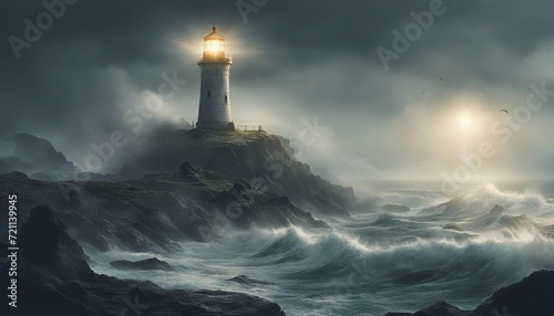 a lighthouse on a rocky ground that shines in rainy, lightning and foggy weather amidst huge huge waves 