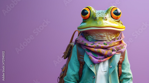 Quirky Frog with Scarf Standing on Purple Background