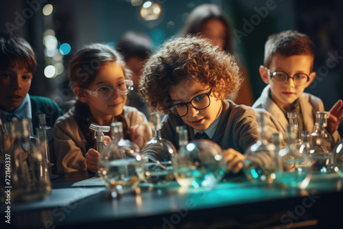 A group of children participating in a science fair, symbolizing education and young curiosity. Generative Ai. photo