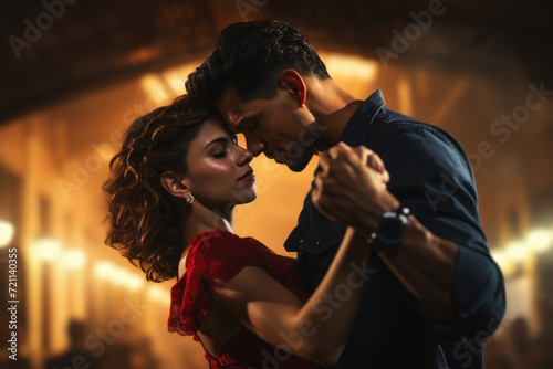 A couple dancing salsa in a lively club, depicting passion, music, and cultural dance. Generative Ai.
