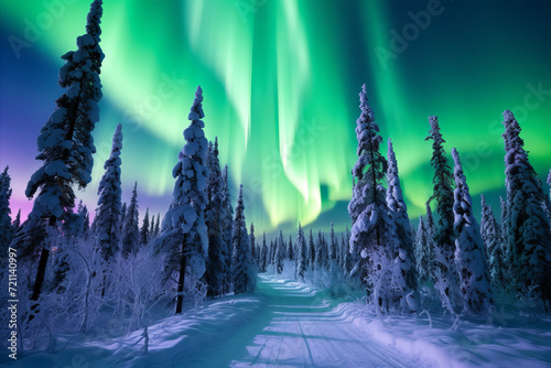 Aurora borealis. stunning northern lights over the frosty forest in the arctic wilderness