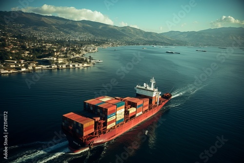 Birds-eye view of a high-speed cargo ship traversing the vast expanse of the ocean