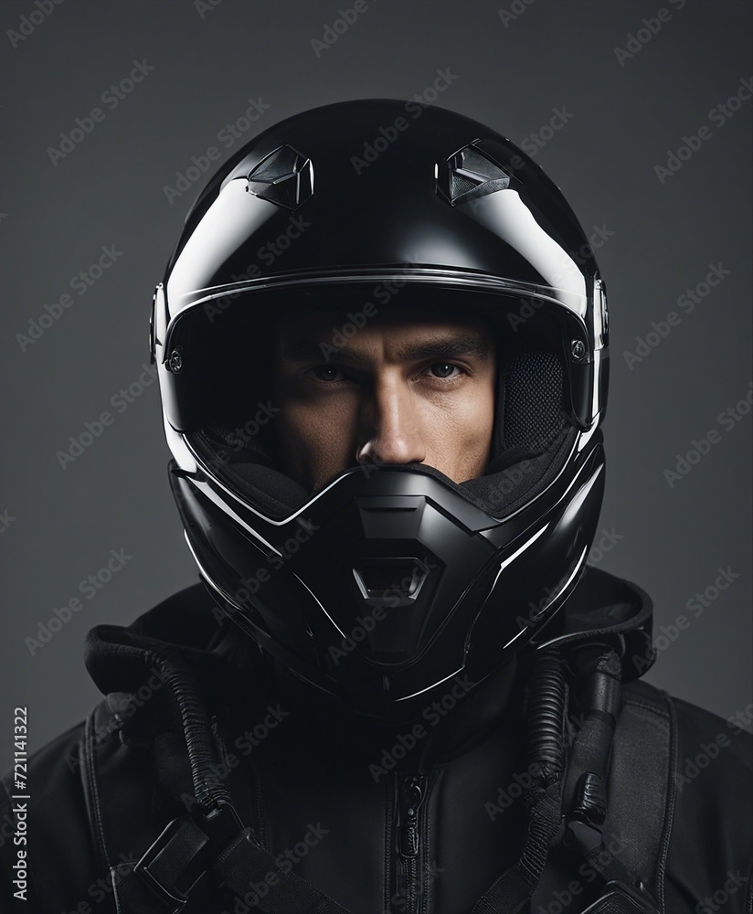 portrait of a man in a black coloured motorcycle helmet, isolated grey background 

