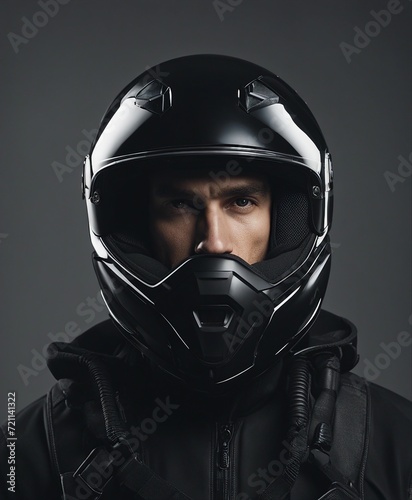 portrait of a man in a black coloured motorcycle helmet, isolated grey background    © abu