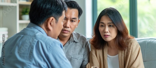 Asian couple seeking mental health care, consulting professionals together, husband comforting wife during therapy.