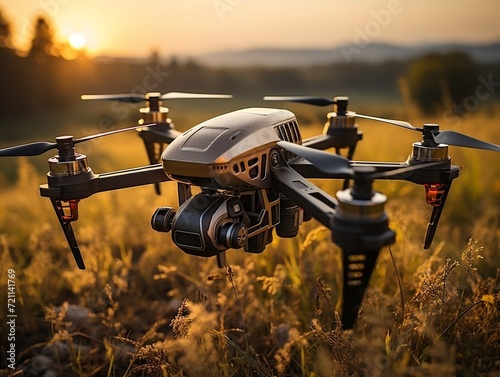 Drone flying over a wheat field during sunset photo