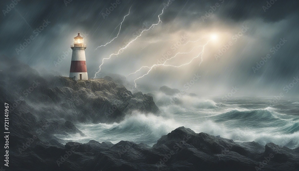 a lighthouse on a rocky ground that shines in rainy, lightning and foggy weather amidst huge huge wave

