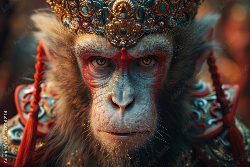 Serious monkey wearing clothes and a crown. Monkey king