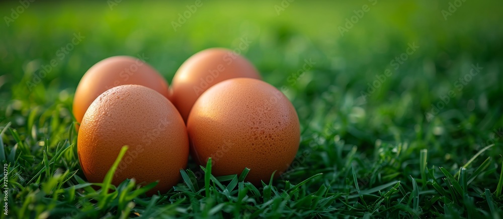Fresh Raw Brown Eggs on Green Grass Background - A Delicious Display of Raw Brown Eggs on a Luscious Green Grass Background with a Natural Ambience Fresh Raw Brown Eggs on Green Grass Background - A Delicious Display of Raw Brown Eggs on a Luscious Green Grass Background with a Natural Ambience