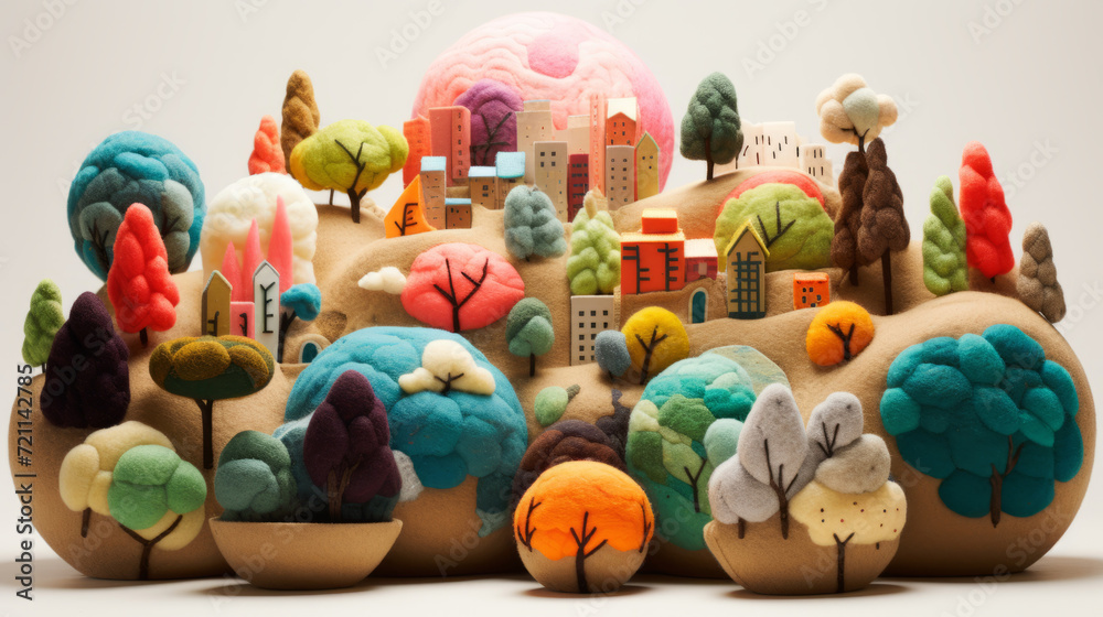 A miniature city made of felt. Representation of an futuristic eco-friendly lifestyle. Living concept of green architecture, houses and buildings in in modern urban style