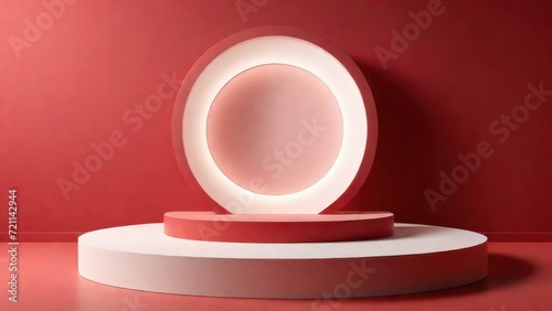 Geometric podium mockup illustration for product presentation red background 3d illustration - minimalist podium or stage.  Generative, AI.