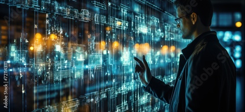 man analyzing an interface in front of digital data,  double exposure, dynamic energy