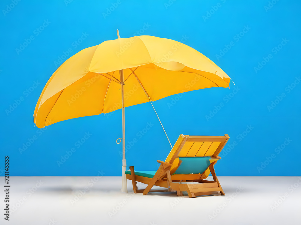 Beach chair and yellow umbrella on blue wall background.  AI Generated